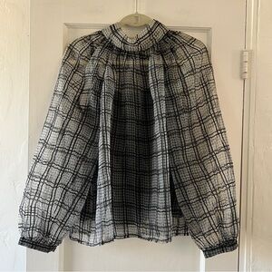Current Air Anthropologie grey sheer puff sleeve tie neck windowpane blouse Med